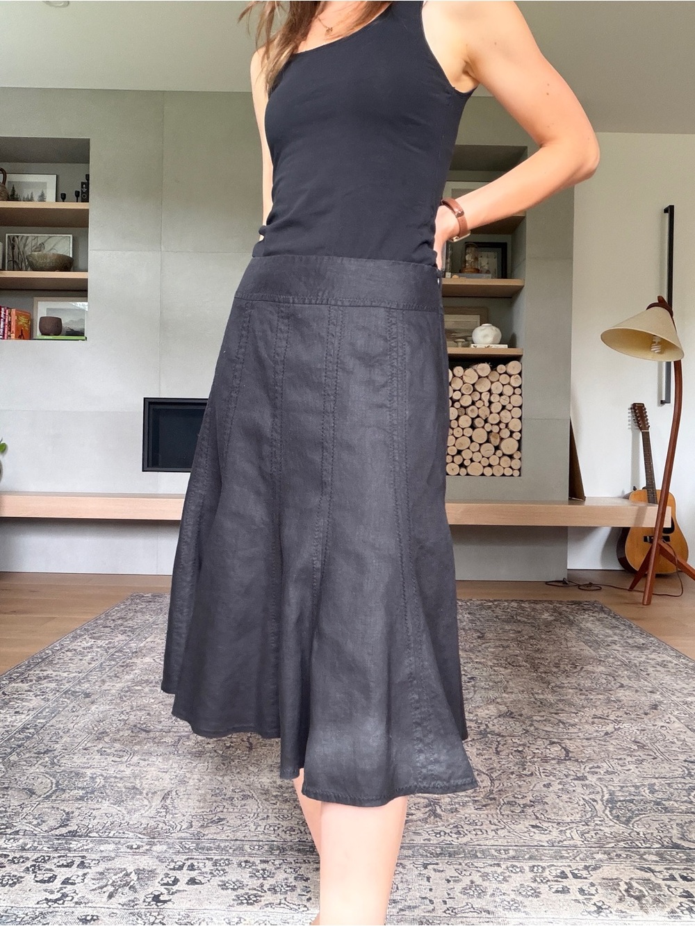 Vintage 100% linen Black A-Line midi skirt mid rise